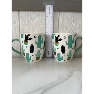 Cracker Barrel Stoneware Cactus Mugs Set of 2 Green Handles